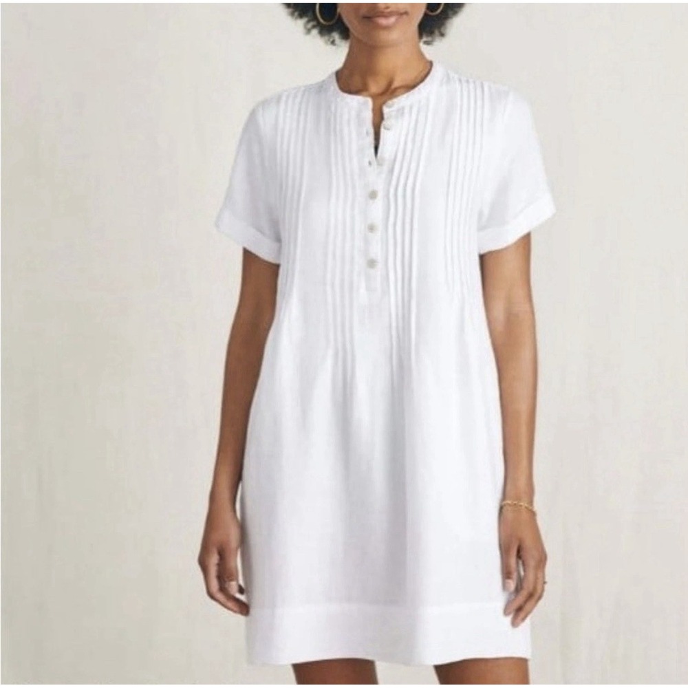 Faherty Gemina Pintuck Linen Dress White Womens Size M Coastal Resort Pockets
